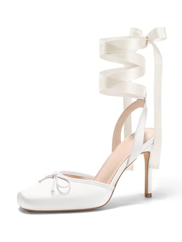 Coutgo Womens Ballet High Heels Satin Closed Square Toe Ballerina Heels Lace Up Bow Pumps Prom Shoes White Size 8