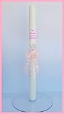 VELA BAUTIZO FIESTADEKOR Vela DE Bautizo Medida 3 x 40CM Decorada con Aplique CIGÜEÑA Y Lazo Decorado Rosa (Personalizada)