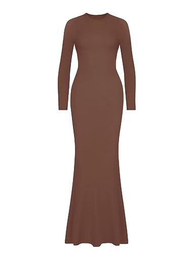 Image of REORIA Women's Sexy Crew Neck Lounge Long Dress Elegant Long Sleeve Ribbed Bodycon Maxi Dresses