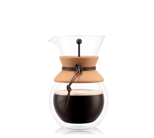 Bodum 34oz Pour Over Coffee Maker, High-Heat Borosilicate Glass with Reusable Stainless Steel Filter and Double Wall Cork Grip - Made in Portugal