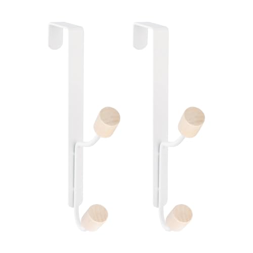 DEARBAG Ganchos para Puerta, 2 Piezas Capa de Puertas para la Puerta Sin Perforación, Gancho Robusto del Soporte del Abrigo, Toalla de Ganchos para Ropa con 2 Ganchos de Madera, Blanco