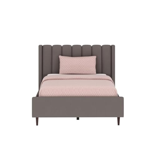 Image of Ganpati Arts Solid Sheesham Wood Emperor Upholstered Single Size Bed Without Storage and Tufted Headboard | Wooden Single Bed Cot Palang for Bedroom, Hotels and Home Furniture (Grey)
