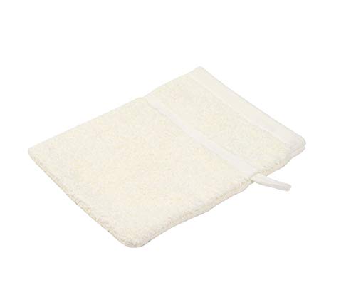 Set di guanti da bagno molto soffici (16 x 21 cm) in colore naturale con elegante bordo a 3 strisce per insaponare e lavare viso e corpo, adatto a qualsiasi bagno moderno