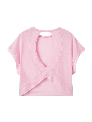 SOLY HUX Women Open Back Tops Workout Backless Tee Casual Athletic Shirts Short Sleeve Oversized Gym T Shirt Plain Light Pink Small
