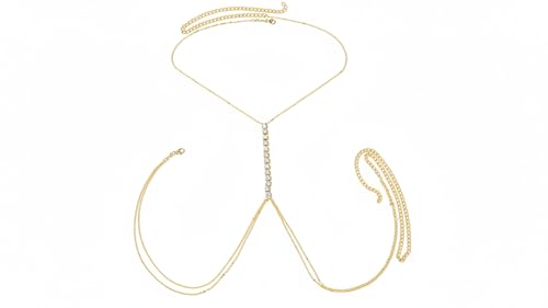 Image of 14K Gold Body Chain for Women | Layered Rhinestone Crossover Bikini Bra Body Jewelry - Adjustable Summer Beach Crystal Belly Waist Chain