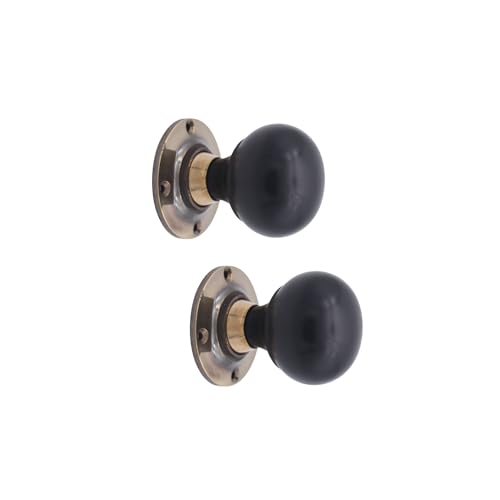 Infinity Decor Victorian Pure Ebony Bun Wood Mortice Rim Door Knobs Pull Handles on Aged Brass Rose Plate 60mm – Ideal for Interior & Exterior Use