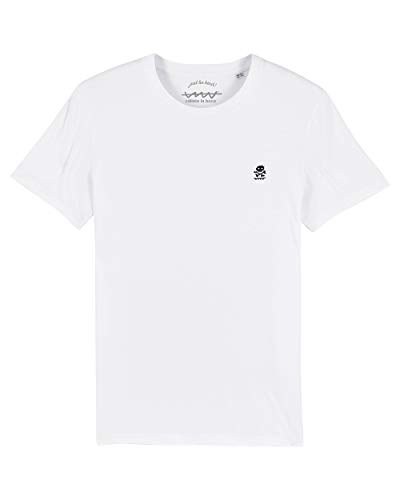 Camiseta Callate La Boca Blanca Básica con Calavera Bordada en Azul Marino (L)