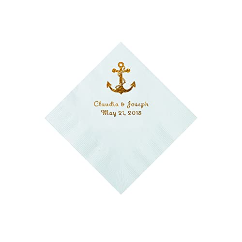 White Anchor Personalized Napkins With Gold Foil - Beverage - Party Supplies - 50 Pieces