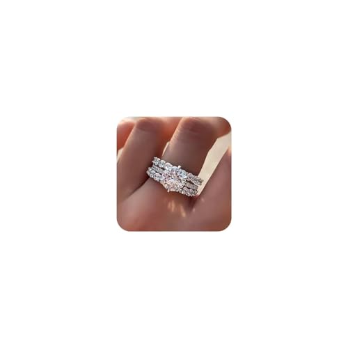 HUUGVBCO 925 Sterling Silver Shiny Full Diamond Zircon Rings 3PCS Sets of Rings Cushion Cut Zircon Diamonds Stone Engagement Wedding Band Ring 6#