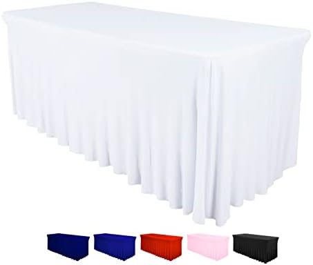Table Skirt for Rectangular Tables 6ft - Wedding Spandex Table Covers for Standard 6 Foot Table - One Piece Fitted Elastic Tablecloth - Wrinkle Resistant Ruffles Design for Weddings, Party (White)