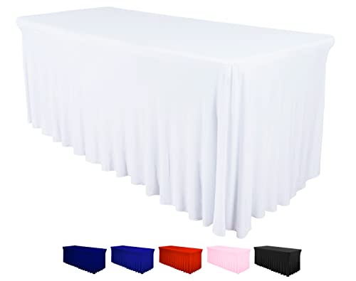 Table Skirt For Rectangular Tables 6Ft - Wedding Spandex Table Covers For Standard 6 Foot Table - One Piece Fitted Elastic Tablecloth - Wrinkle Resistant Ruffles Design For Weddings, Party (White) #TOP2