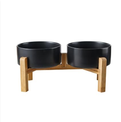 PWRco Elevated Dog and Cat Bowls 6 Inch Raised Eco-Friendly Ceramic Pet Bowls with Stand Anti Vomiting Non-Slip Food Water Bowl Set Dishwasher Safe Dish for Small Medium Dogs & Cats (TWIN-BLACK (M))
