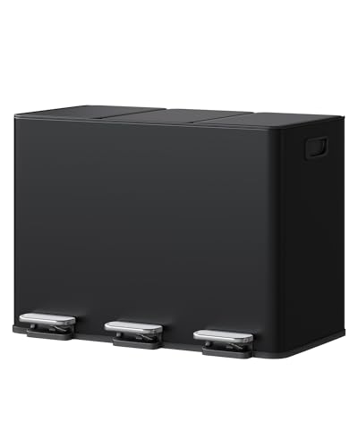 GarveeHome Mülleimer Küche Mülleimer 3 fächer Mülltrennsystem 3 x 15 Liter Tretmülleimer mit Edelstahldeckel Softclose-Deckel mit Inneneimer für Recycling und Restmüll Schwarz