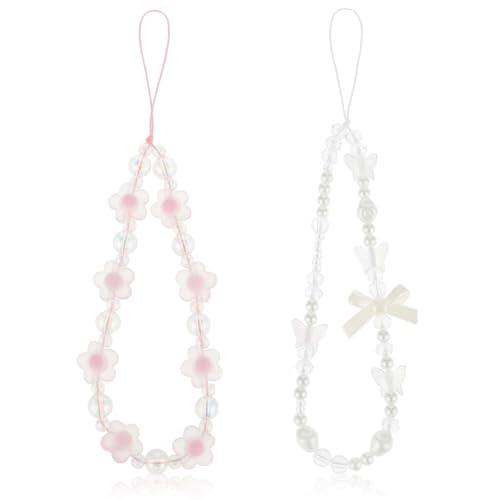 2 Pack Beaded Phone Charms Strap Colorful Acrylic Butterfly Imitation Pearl Beaded Phone Charm Wrist Strap Mobile Phone Chain Anti-Lost Beaded Phone Bracelet Lanyard for Women