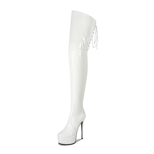 Image of Shiny leather Thigh high boots for Women Stiletto heel Platform Over the knee Round toe back zipper Sexy Front Strappy high heel Cosplay Custume unisex boots