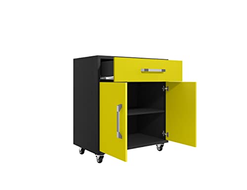 Image of Manhattan Comfort Eiffel 28.35 inch Rolling Garage Cabinet with 1 Drawer, Soft Close Doors, and 2 Shelving Spaces, Wooden Mobile Outdoor Storage for Kitchen Pantry, Laundry, Office and Shop, Yellow