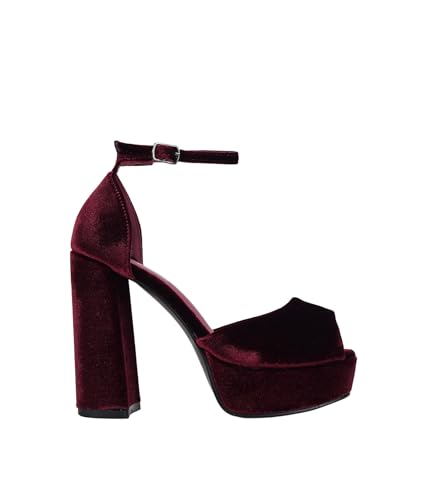 BOSANOVA Sandalias de Fiesta para Mujer en Terciopelo con Plataforma Delantera y tacón en Bloque. Cierre de Pulsera con Hebilla al Tobillo y talonera. Calzado para Mujer Burdeos 37
