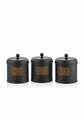 The Mia Çay Şeker Kahve Kavanozu Galvaniz Küçük 3 Lü - Siyah Gold