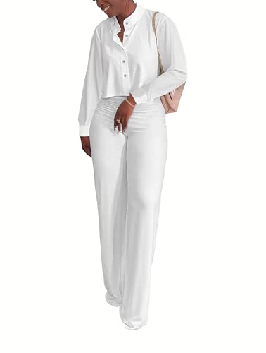 HBQ Women's 2 Piece Outfits Casual Tracksuit Long Sleeve Button Down Crop Top Wide Leg Long Pant Lounge Sets2