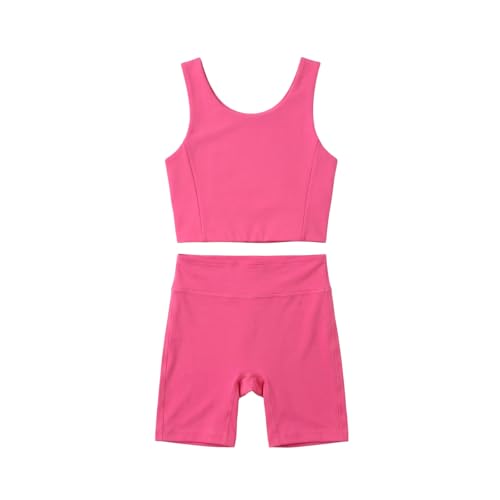 Image of WELAKEN Girls 2 Piece Athletic Outfit Kids Yoga Crop Tank Top and Biker Shorts Set