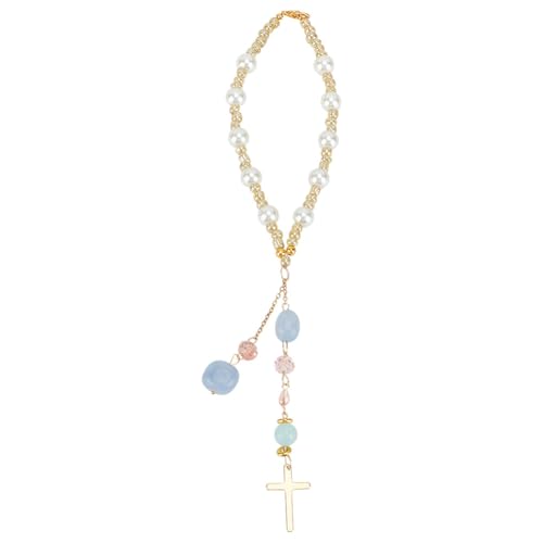 DELORIGIN Natural Jade Cross Car Hanging Ornament Rearview Mirror Accessories Glass Beaded Charms With Pearl Car Hanging Accessories Suncatcher for Car Rear View Mirror Window Balcony Keychain Decor
