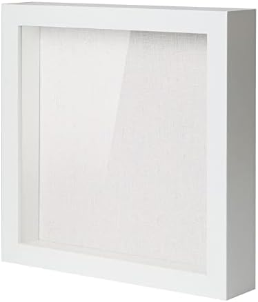 Muzilife 8x8" Shadow Box Picture Frame with Linen Board - Deep Wood & Glass Display Case Ready to Hang Memory Box Baby Sports Memorabilia, Pins, Awards, Medals, Wedding, Tickets and Photos (White)