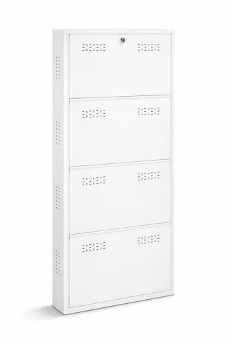 Image of 4 Door Wall Mounted Metal Shoe Rack with Lock | Foldable Shoe Cabinet | Space Saving Shoe Organizer for Home | Ventilated Steel Shoe Stand Holds 16-24 Pairs (White)