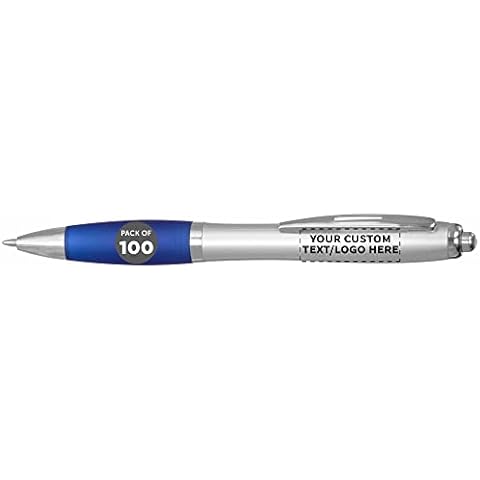 DISCOUNT PROMOS Personalized Ballpoint Pens With Rubber Grip, 100 pack Customizable Ergonomic Click-to-Write Custom Writing Pens for School with Black Ink, Blue Cover