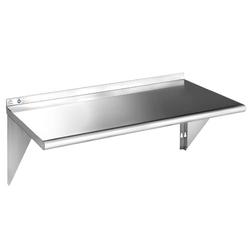 ROCKPOINT Stainless Steel Shelf 18 x 48 Inches 400lb, NSF Metal Commercial Shelves Wall Mount Floating Shelving with Backsplash for Restaurant, Kitchen, Home and Hotel, Silver