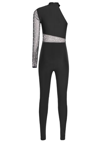 Winnrchan Women One Shoulder Gymnastics Jumpsuit Glittery Sheer Mesh Bodysuit Figure Skating Leotard Unitard Black Large - Thumbnail 4