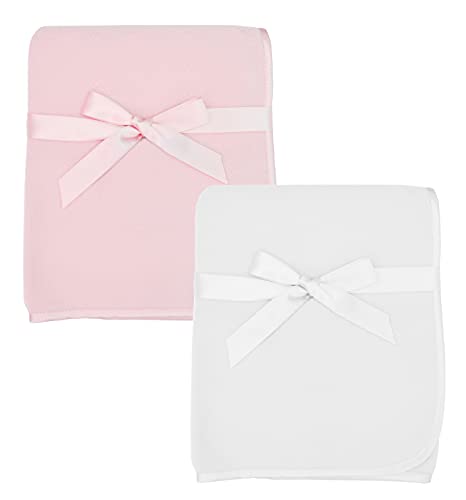 American Baby Company 2-Piece Fleece Blanket with Silk-Like Satin Trim Set, Soft, Warm & Cozy, Pink and White, 30" x 30" for Boys and Girls, Perfect for Baby Carrier, Stroller, Travel and Gifting
