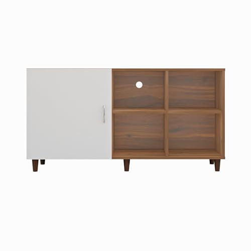 Image of VIKI Modern TV Unit for Living Room | Engineered Wood TV Cabinet with 1 Door Storage & 2 Open Shelves, Entertainment Unit, 140W x 74H x 40D cm | DIY | 1 Year Warranty (Walnut & White)