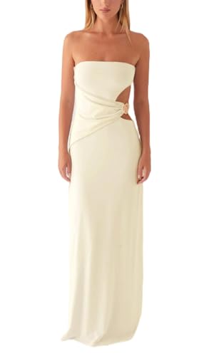 Image of Cut Out Maxi Tube Dresses for Women Sexy Y2k Strapless Backless Bodycon Long Dress Summer Sleeveless Hollow Sundress