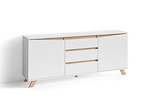 byLIVING Sideboard Valentin/Kommode matt weiß mit Absetzung in Eiche-Optik/Schrank mit 2 Türen und 3 Schubkästen/Im Scandi-Style/Grifflos/B 180, H 80, T 38 cm