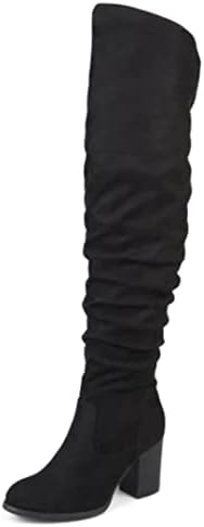 Journee Collection Women's Regular and Wide Calf Vegan Leather Ruched Kaison Zipper Over The Knee Block Heel Boots, 10 Medium, Extra Wide Calf Black