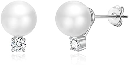 Silver Plated Round Shell Pearl Earrings Created with Zircondia® Crystals
