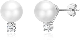 Silver Plated Round Shell Pearl Earrings Created with Zircondia® Crystals