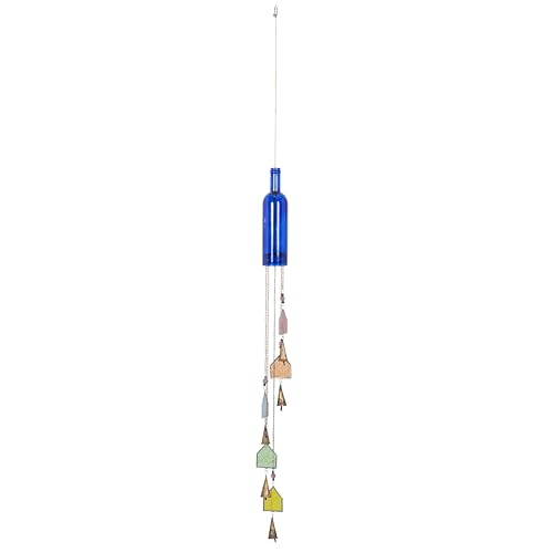 Deco 79 Glass Glass Bottle Windchime with Beads and Cone Bells, 3' x 3' x 41', Blue