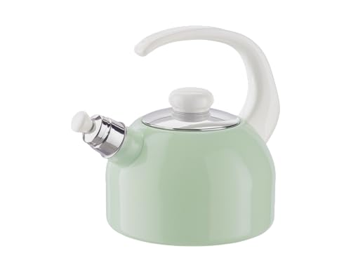 Riess, 0543-118, Flötenkessel Plus 2L, NILGRÜN/BUNT PASTELL, Gewicht 1,21kg, dreifach emailliert, Wasserkessel mit Flötenpfeife, Induktion, Retro, hergestellt in Österreich, LBH 26,2x18,4x21,9cm
