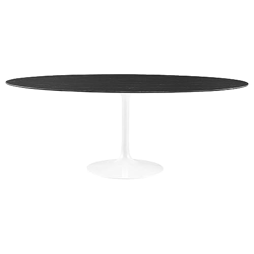 Image of Modway Lippa Oval 78 inch Artificial Marble Mid-Century Modern Dining Table in White Black