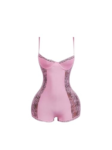 Floerns Womens Lace Rompers Sleeveless See Through Night Out One Piece Unitard Bodysuit Pink Medium