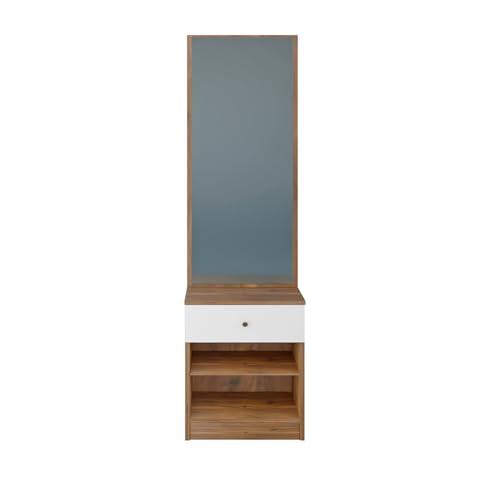 Image of VIKI | Engineered Wood Dressing Table with 1 Drawer, Mirror and Huge Storage Space | Vanity for Living Room, Bedroom (Brussel Walnut & Frosty White- 43.8W x 40D x 182.6H cms)