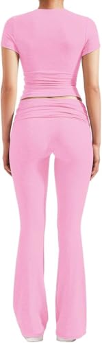 Image of ZFLM Casual Workout Two Piece Outfits for Women Short Sleeve Crop High Waist Foldover Flare Pants Tracksuit Sets Streetwear