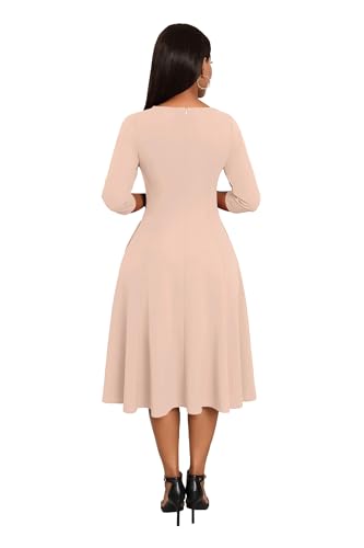 Image of Nmoder Midi Dresses for Women A-Line Fit and Flare Dress 3 /4 Sleeve V Neck Cocktail Wedding Guest Work Dress with Pockets