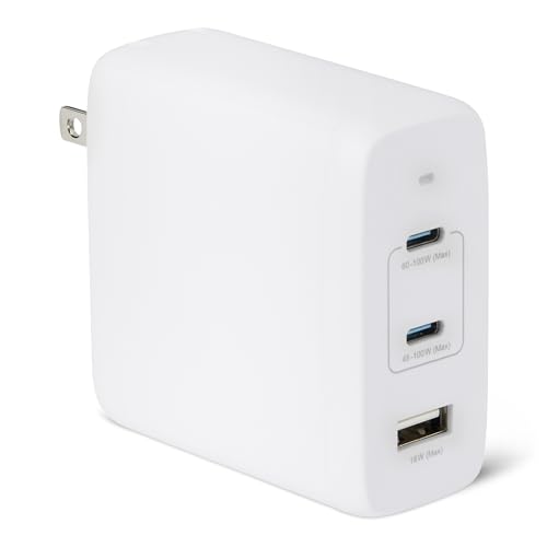Amazon Basics 120W Fast Charging USB-C Nano GaN Wall Charger 3-Port for Laptops Tablets Phones Compact Travel-Friendly Size White
