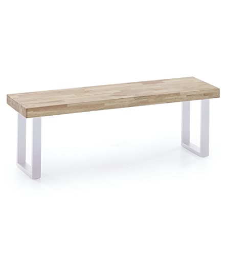 Home Heavenly® - Banco de Madera Roble Macizo Darek, Banco para Comedor y Cocina, Estilo Industrial, Pata Metal U. 120x47x34 cm. (Roble Nordish - Pata Blanca)