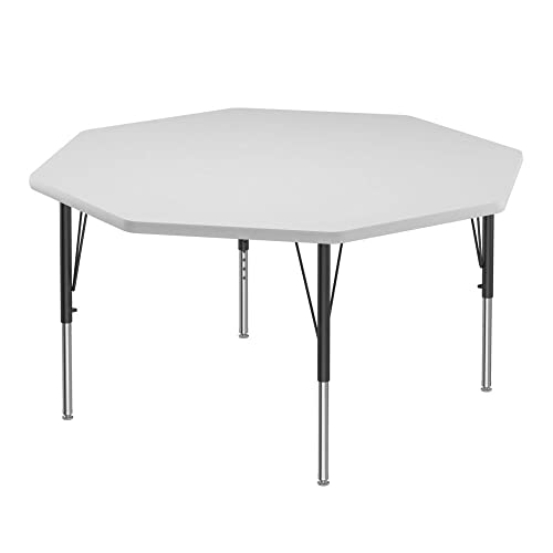 Correll 48" Octagonal Shaped Classroom Activity Table, Height Adjustable (19"-29") Markerboard/Dry Erase Durable High Pressure Top, Gray Edge, Black/Chrome Legs, School Furniture, Made in The USA