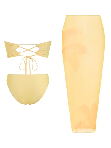 ZAFUL Womens 3pcs Swimsuit Floral Print Bandeau Bikini Set Triangle Bottom with Long Sheer Cover Up Skirt2