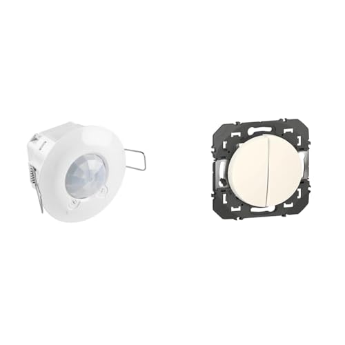 Legrand 048944 Détecteur de Mouvement Fixation Plafond, IR 360° sur 8m, Blanc & Interrupteur ou va-et-Vient 10AX + Bouton Poussoir 6A dooxie - Finition Blanc