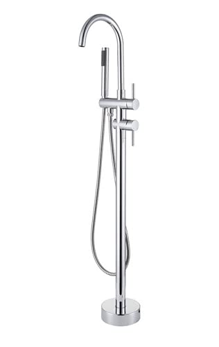 SYZMA Grifo de bañera montado en el suelo, grifo de bañera, grifo de llenado de bañera, grifo de ducha que puede girar 360 grados, con ducha de mano y manguera de 1,5 m (Silberfarbe)